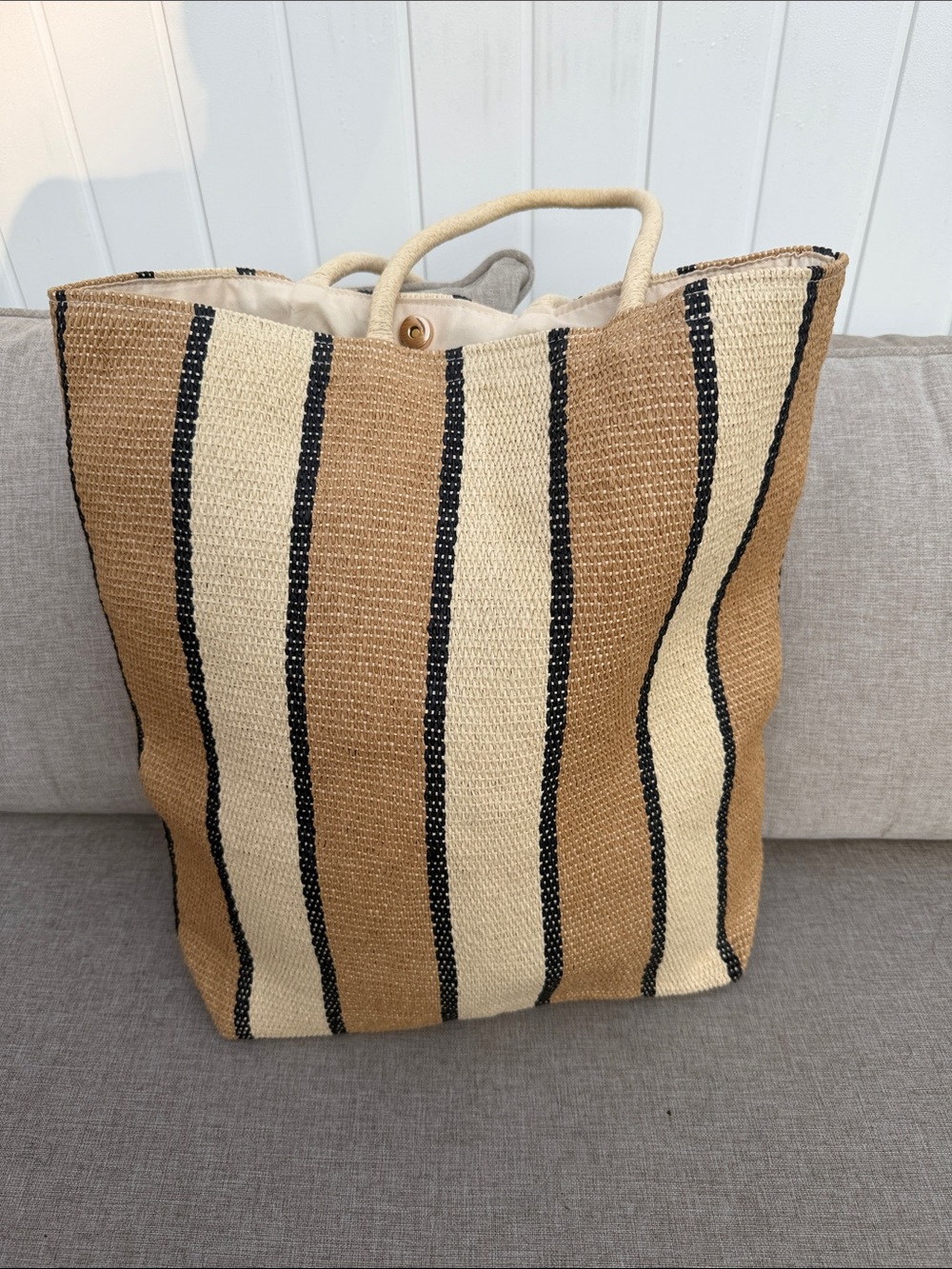 Striped Woven Tote Bag in Tan, Cream & Black